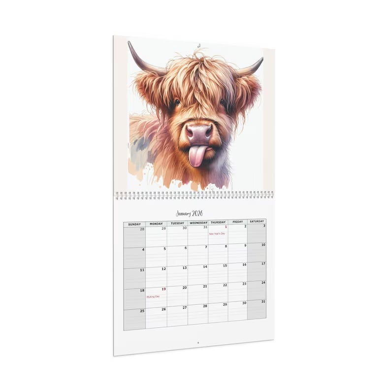 🐮Highland Cow Calendar 2026 - Rustikk veggkunst og månedsplanlegger📅