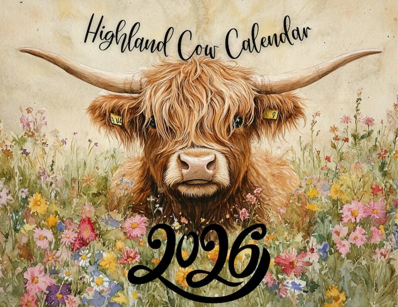 🐮Highland Cow Calendar 2026 - Rustikk veggkunst og månedsplanlegger📅