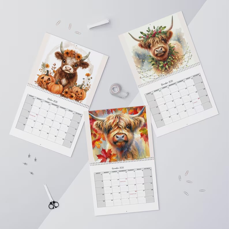 🐮Highland Cow Calendar 2026 - Rustikk veggkunst og månedsplanlegger📅